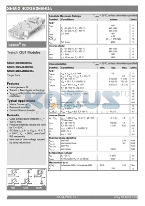 SEMIX402GAL066HDS datasheet - Trench IGBT Modules