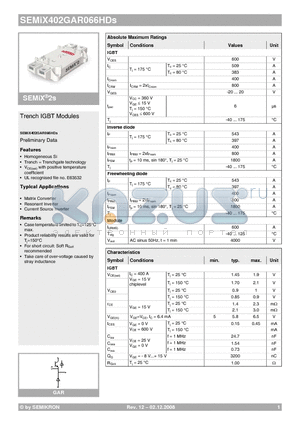 SEMIX402GAR066HDS datasheet - Trench IGBT Modules