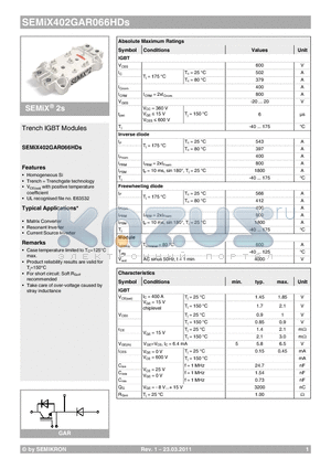 SEMIX402GAR066HDS datasheet - Trench IGBT Modules