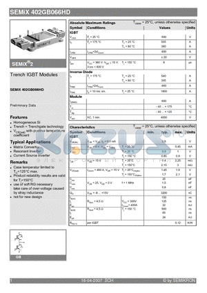 SEMIX402GB066HD datasheet - Trench IGBT Modules