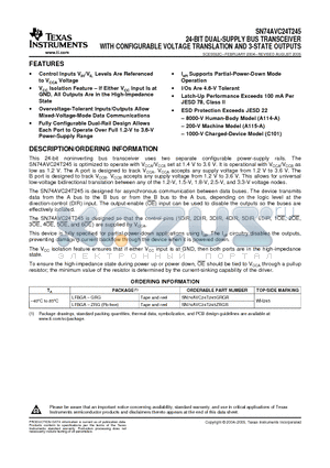 SN74AVC24T245 datasheet - 24-BIT DUAL-SUPPLY BUS TRANSCEIVER WITH CONFIGURABLE VOLTAGE TRANSLATION AND 3-STATE OUTPUTS