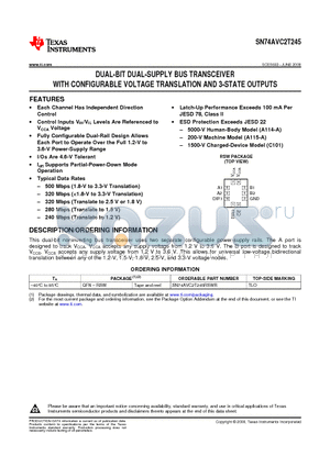 SN74AVC2T245 datasheet - DUAL-BIT DUAL-SUPPLY BUS TRANSCEIVER WITH CONFIGURABLE VOLTAGE TRANSLATION AND 3-STATE OUTPUTS