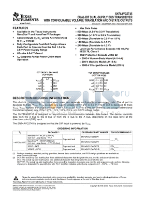 SN74AVC2T45DCTT datasheet - DUAL BIT DUAL SUPPLY BUS TRANSCEIVER WITH CONFIGURABLE VOLTAGE TRANSLATION AND 3 STATE OUTPUTS