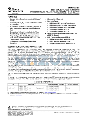 SN74AVC32T245 datasheet - 32-BIT DUAL-SUPPLY BUS TRANSCEIVER WITH CONFIGURABLE VOLTAGE TRANSLATION AND 3-STATE OUTPUTS