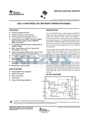 UCC27423D datasheet - DUAL 4-A HIGH SPEED LOW SIDE MOSFET DRIVERS WITH ENABLE