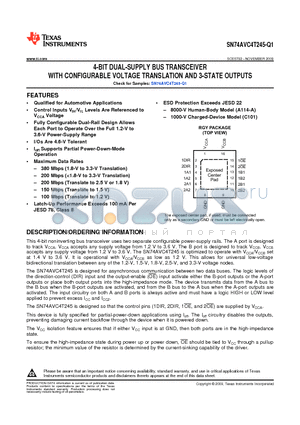 SN74AVC4T245-Q1 datasheet - 4-BIT DUAL-SUPPLY BUS TRANSCEIVER WITH CONFIGURABLE VOLTAGE TRANSLATION AND 3-STATE OUTPUTS