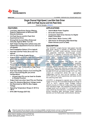 UCC27511 datasheet - Single Channel High-Speed, Low-Side Gate Driver