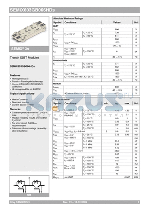 SEMIX603GB066HDS datasheet - Trench IGBT Modules