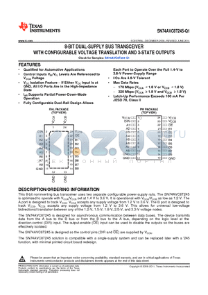 SN74AVC8T245-Q1 datasheet - 8-BIT DUAL-SUPPLY BUS TRANSCEIVER WITH CONFIGURABLE VOLTAGE TRANSLATION AND 3-STATE OUTPUTS