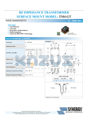 TM4-GT datasheet - RF IMPEDANCE TRANSFORMER SURFACE MOUNT MODEL WIDE BANDWIDTH 5 - 1000 MHz