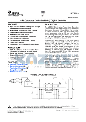 UCC28019 datasheet - 8-Pin Continuous Conduction Mode (CCM) PFC Controller