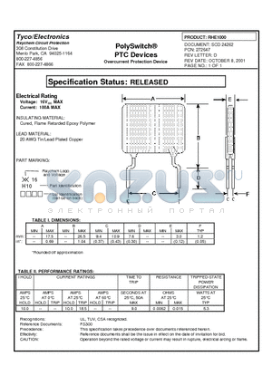 RHE1000 datasheet - Poly Switch PTC DEVICES