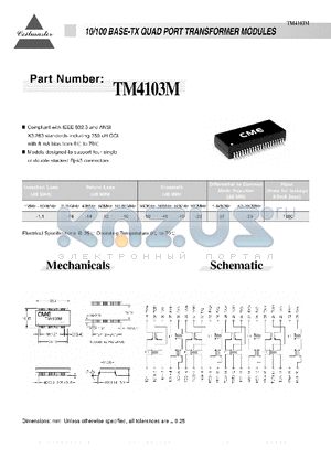 TM4103M datasheet - 10/100 BASE-TX QUAD PORT TRANSFORMER MODULES