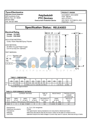 RHE600 datasheet - Poly Switch PTC DEVICES