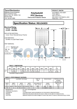 RHE750 datasheet - Poly Switch PTC DEVICES