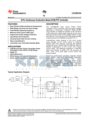 UCC28019A datasheet - 8-Pin Continuous Conduction Mode (CCM) PFC Controller