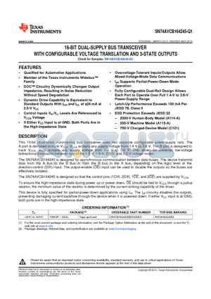 SN74AVCB164245-Q1 datasheet - 16-BIT DUAL-SUPPLY BUS TRANSCEIVER WITH CONFIGURABLE VOLTAGE TRANSLATION AND 3-STATE OUTPUTS