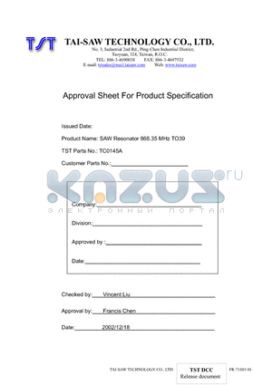 TC0145A datasheet - SAW Resonator 868.35 MHz TO39