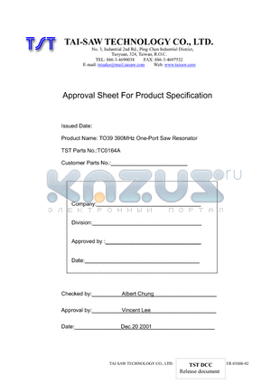 TC0164A datasheet - TO39 390MHz One-Port Saw Resonator