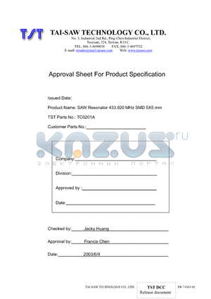 TC0201A datasheet - SAW Resonator 433.920 MHz SMD 5X5 mm