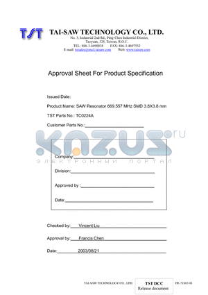 TC0224A datasheet - SAW Resonator 669.557 MHz SMD 3.8X3.8 mm