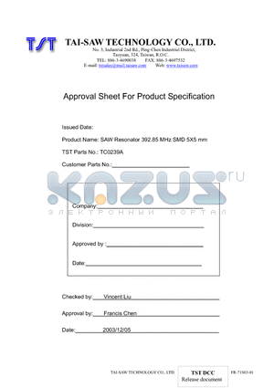TC0239A datasheet - SAW Resonator 392.85 MHz SMD 5X5 mm