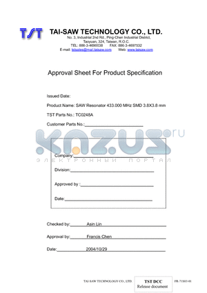 TC0248A datasheet - SAW Resonator 433.000 MHz SMD 3.8X3.8 mm