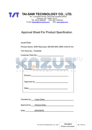 TC0249A datasheet - SAW Resonator 368.805 MHz SMD 3.8X3.8 mm