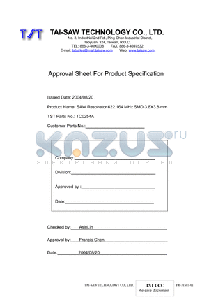 TC0254A datasheet - SAW Resonator 622.164 MHz SMD 3.8X3.8 mm