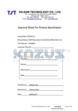 TC0260A datasheet - SAW Resonator 314.525 MHz SMD5.0X5.0 mm