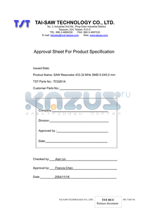 TC0261A datasheet - SAW Resonator 433.32 MHz SMD 5.0X5.0 mm