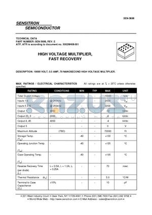 SEN-3698 datasheet - HIGH VOLTAGE MULTIPLIER, FAST RECOVERY