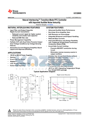 UCC28063D datasheet - Natural Interleaving Transition-Mode PFC Controller with Improved Audible Noise Immunity