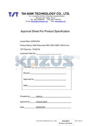 TC0273A datasheet - SAW Resonator 500.3 MHz SMD 3.8X3.8 mm