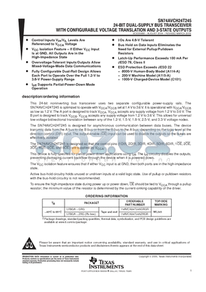 SN74AVCH24T245 datasheet - 24-BIT DUAL-SUPPLY BUS TRANSCEIVER WITH CONFIGURABLE VOLTAGE TRANSLATION AND 3-STATE OUTPUTS