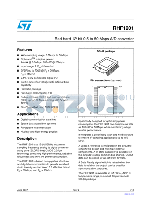 RHF1201 datasheet - Rad-hard 12-bit 0.5 to 50 Msps A/D converter