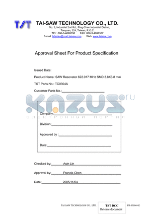 TC0304A datasheet - SAW Resonator 622.017 MHz SMD 3.8X3.8 mm