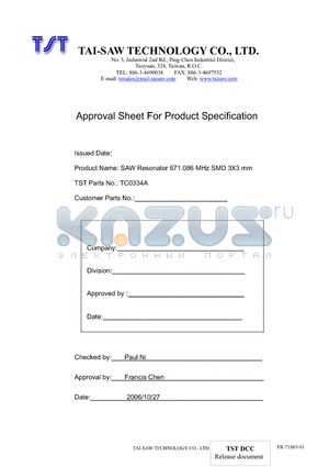 TC0334A datasheet - SAW Resonator 671.086 MHz SMD 3X3 mm