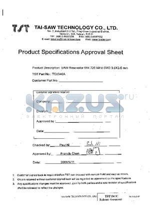 TC0340A datasheet - SAW Resonator 614.726 MHz SMD 3.0X3.0 mm