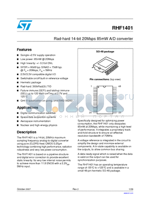 RHF1401KSO1 datasheet - Rad-hard 14-bit 20Msps 85mW A/D converter