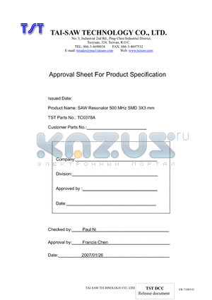 TC0378A datasheet - SAW Resonator 500 MHz SMD 3X3 mm