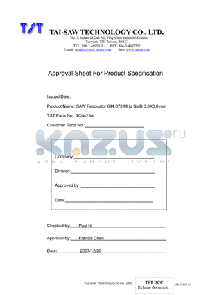 TC0429A datasheet - SAW Resonator 644.873 MHz SMD 3.8X3.8 mm