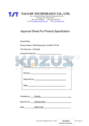 TC0418A datasheet - SAW Resonator 316 MHz TO-39