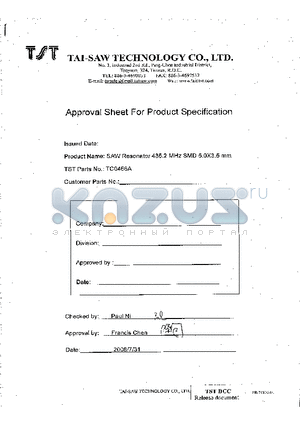 TC0466A datasheet - SAW Resonator 435.2 MHz SMD 5.0X3.5 mm