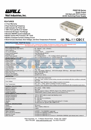 PSSP-150-3.3 datasheet - Single Output 150 Watt with PFC Function AC/DC Switching Power Supply