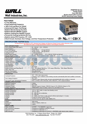 PSSP-500-12 datasheet - Single Output Up to 486 Watts Built-In Active PFC Function AC/DC Switching Power Supply