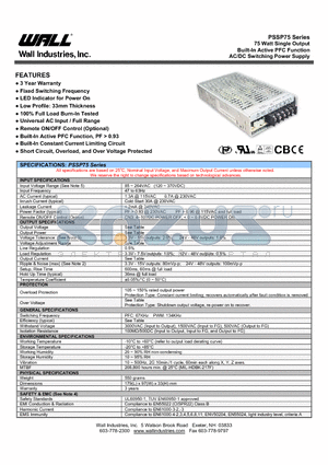 PSSP-75-13.5 datasheet - 75 Watt Single Output Built-In Active PFC Function AC/DC Switching Power Supply