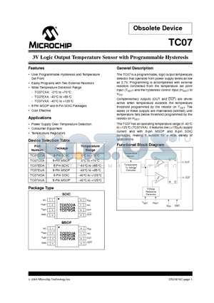TC07COA datasheet - 3V Logic Output Temperature Sensor with Programmable Hysteresis