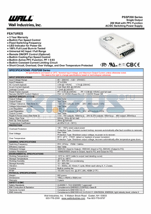 PSSP200-13.5 datasheet - Single Output 200 Watt with PFC Function AC/DC Switching Power Supply