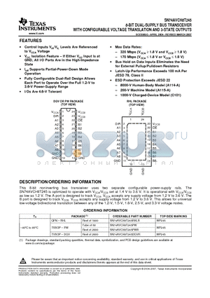 SN74AVCH8T245PWE4 datasheet - 8-BIT DUAL-SUPPLY BUS TRANSCEIVER WITH CONFIGURABLE VOLTAGE TRANSLATION AND 3-STATE OUTPUTS